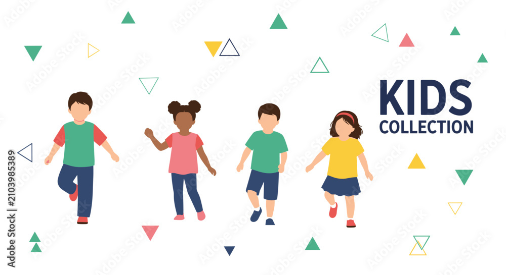 Fototapeta premium Diverse group of young children poses and dances together against a white background decorated with colorful geometric triangles and stars.