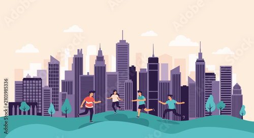 Group of happy children runs across a grassy hill with a beautiful purple city skyline and soft white clouds in the background landscape.