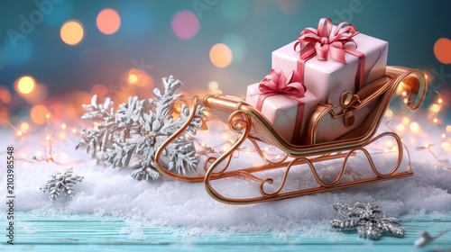 Elegant sleigh with wrapped gift box and snowflake decoration in winter