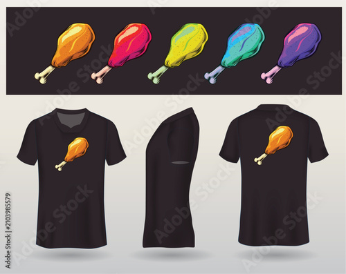 Colorful chicken drumstick t-shirt design mockup, front and back view
