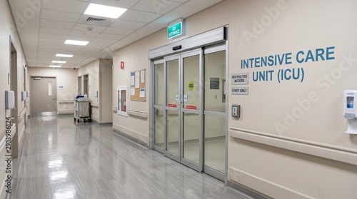 Modern hospital corridor leading to intensive care unit.