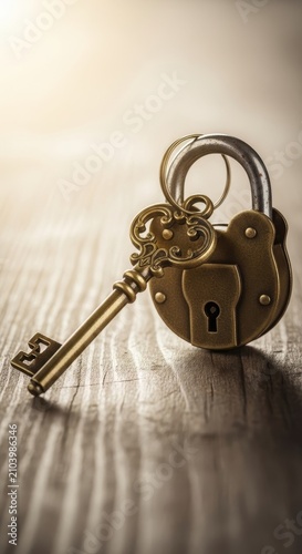 Antique Brass Padlock and Key on Wooden Surface.