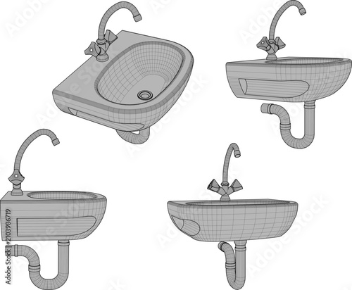 High-contrast isometric 3D product icon of an elegant white ceramic basin and plumbing drain pipe assembly isolated on a white background for real estate catalogs