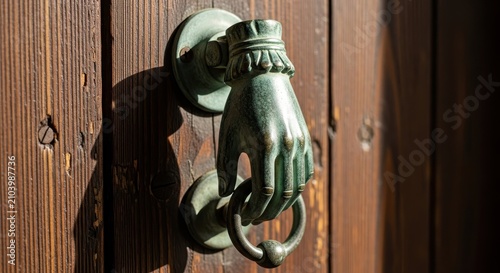 Antique Bronze Lion Head Door Knocker on Wooden Door.