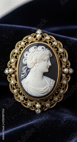Antique Cameo Brooch with Intricate Gold Filigree Design.