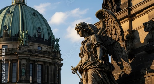Angel statue with historic dome in golden hour light.