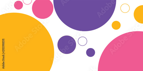 Colorful circle shapes background. Pink, yellow and blue on purple circle pattern