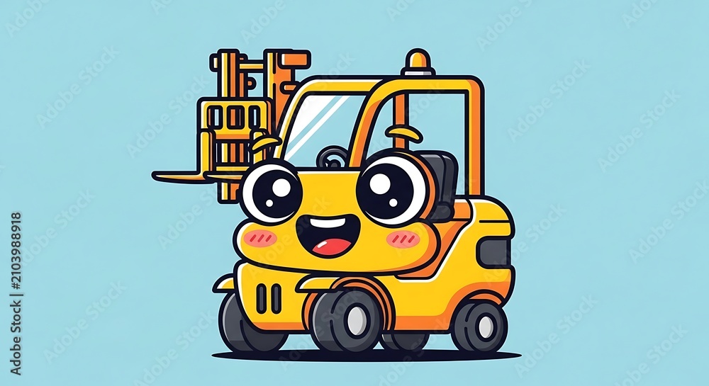 Naklejka premium Yellow cartoon bulldozer construction vehicle front view.