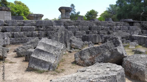 Ancient Greek ruins of Temple of Zeus at the archaeological site of Olympia