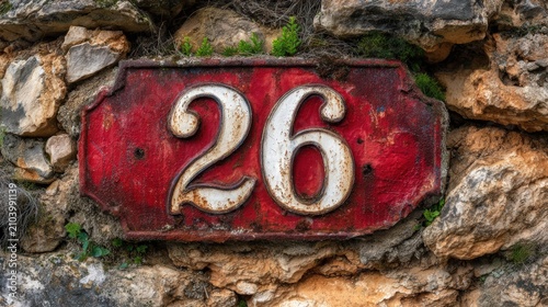 Weathered red sign displaying the number 26 affixed to a rocky surface, showcasing rustic charm and historical appeal, perfect for unique decor purposes or signage inspiration