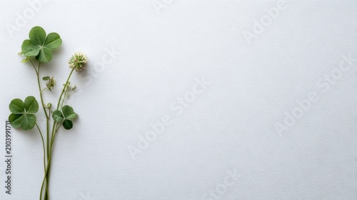Delicate green clover leaves and small white flowers arranged elegantly on a textured background