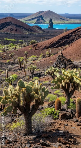 Arid desert landscape with cacti and distant blue sea.