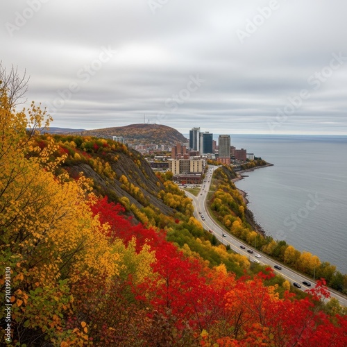 Autumn colors over coastal city and lake landscape.