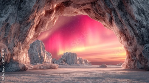 View of colorful northern light sky from icy cave entrance with frozen landscape