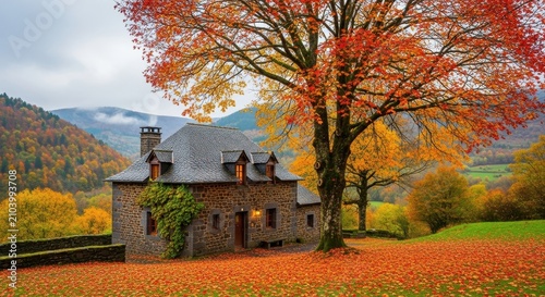 Autumn Country House Surrounded by Colorful Fall Foliage.