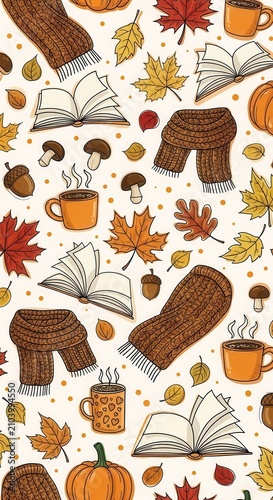 Autumn Cozy Reading Pattern with Books and Scarves.