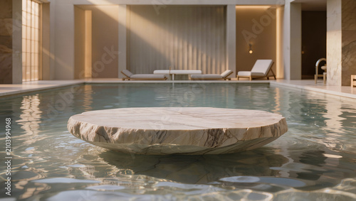 Luxury Floating Marble Podium in Serene Spa Pool Background