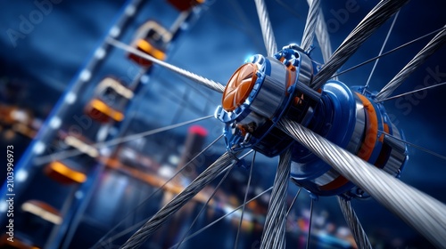 Detailed Close-Up of a Wheel Hub Structure with Spokes and Cable Design