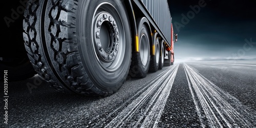 Heavy truck tires leaving skid marks on asphalt road during braking