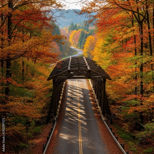 Autumn Forest Covered Bridge with Winding Road.
