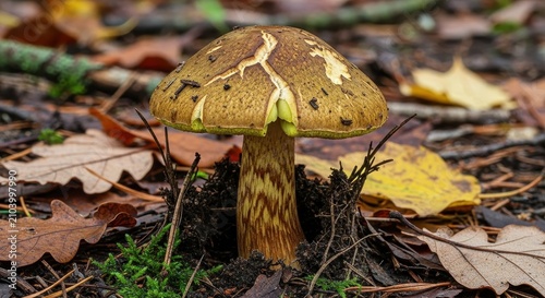 Autumn forest floor with large brown cap mushroom.