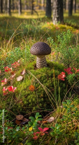 Autumn forest floor with large mushroom and fallen leaves.