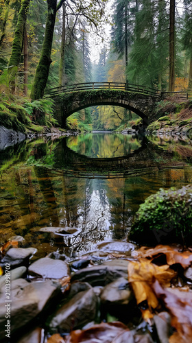 AI generator images of a stunning landscape photograph of a river with a small bridge over it inside a forest from a low perspective .Bridge over the stream and natural waterfall.