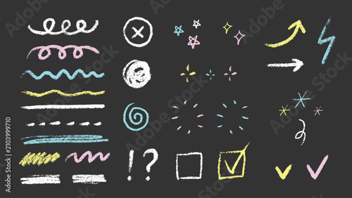 Cute chalk drawn doodle elements set, hand drawn colorful pastel arrows underlines check marks stars and swirls collection, vector illustration icons isolated on dark chalkboard background, EPS10