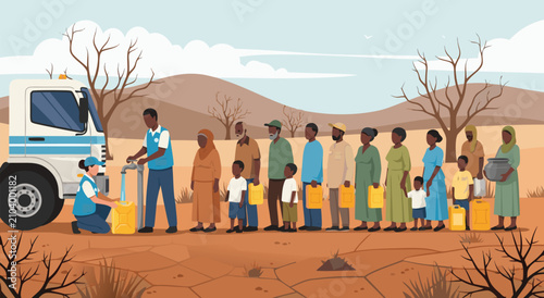 Schilderij op canvas Humanitarian Aid Water Distribution Charity Design Illustration Vector Concept s