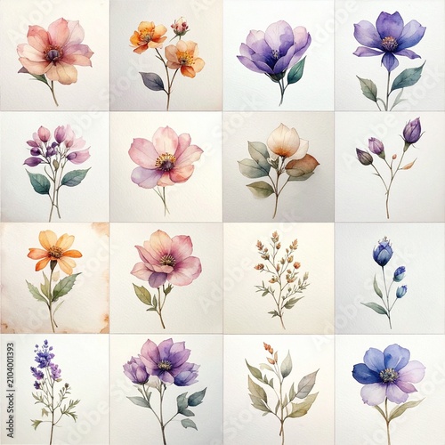 Colorful Watercolor Flowers Grid Collection