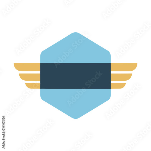 Blue hexagon with wings and dark blue stripe