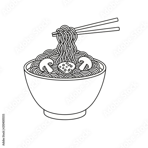 Bowl of noodles with mushrooms and chopsticks