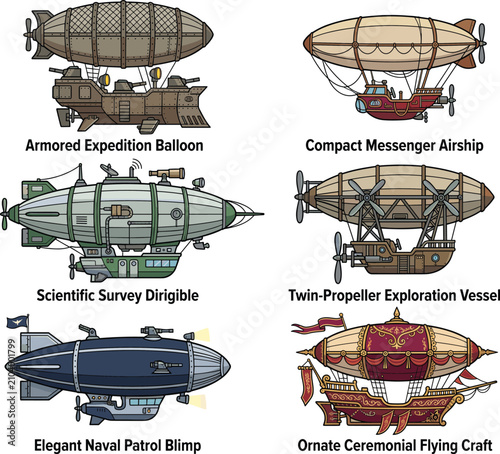 Foto Collection of steampunk airship vector illustrations featuring various dirigible