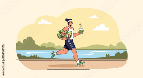 Woman running with healthy food basket and bowl.
