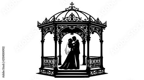 Schilderij op canvas Couple kissing beneath gazebo silhouette