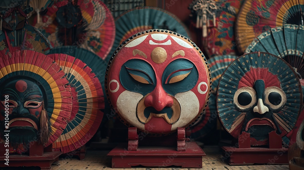 Fototapeta premium Traditional chinese opera masks display vibrant colors and intricate details, showcasing cultural heritage and artistic craftsmanship beautifully