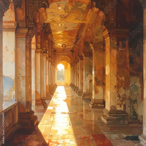 Ancient temple corridor with sunlight. Historic stone hallway with warm golden lighting.