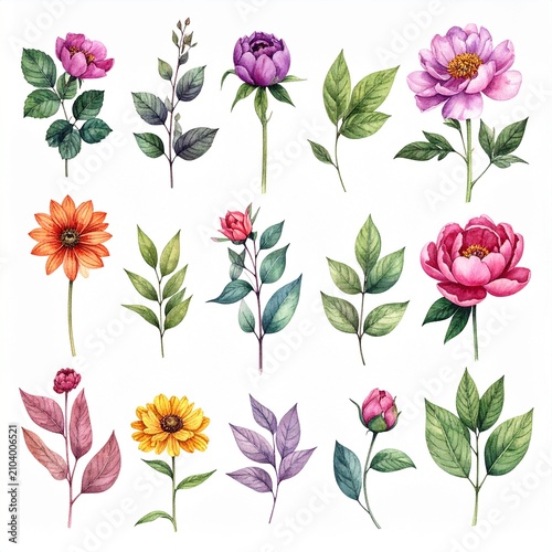 [vibrant Watercolor Flowers] Colorful Botanical Blooms Arranged in a Grid