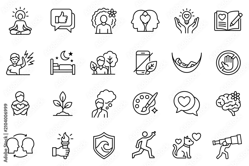 Fototapeta premium Mental Wellness and Mindfulness Icon Set. Minimalist Line Art Vector Illustrating Mental Health, Stress Relief, Self Care, and Emotional Well-being for Psychological Care and Healthcare Designs.