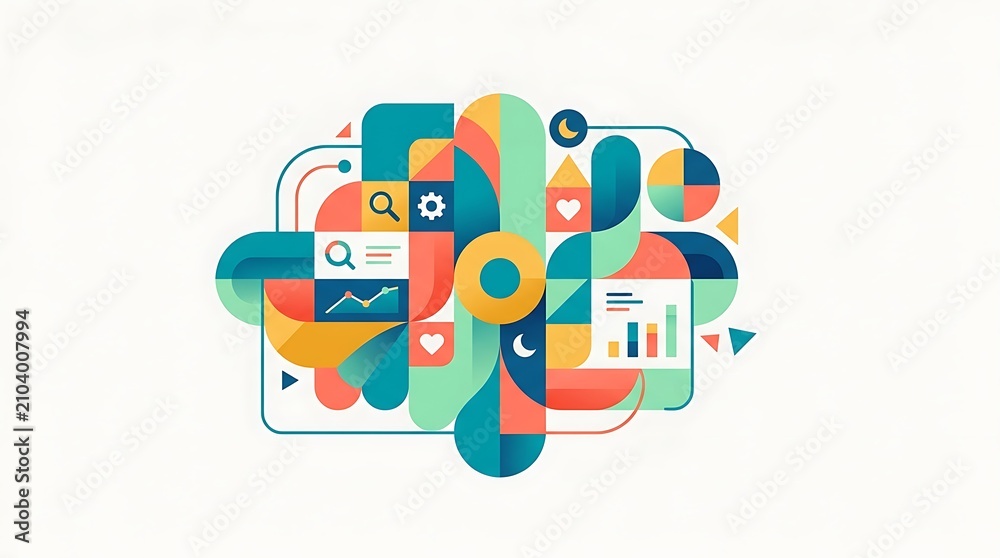 Fototapeta premium Colorful geometric brain concept with data visualization icons