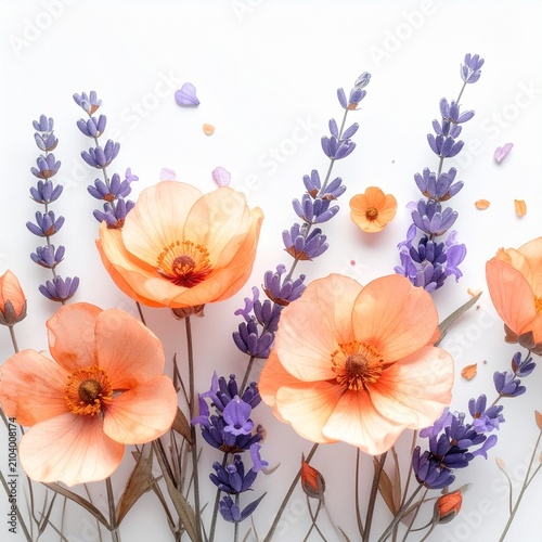 Soft Peach Poppies and Purple Lavender Arrangement