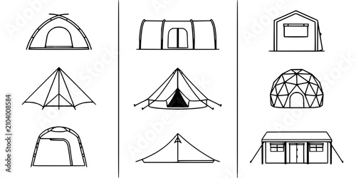 Tents and Shelters with Various Designs and Structures Featuring Camping, Outdoor, Design with Illustration and Vector Elements
