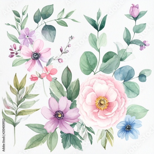 Watercolor Botanical Floral Arrangement Pink Peony Pink Purple Anemone Green Leaves