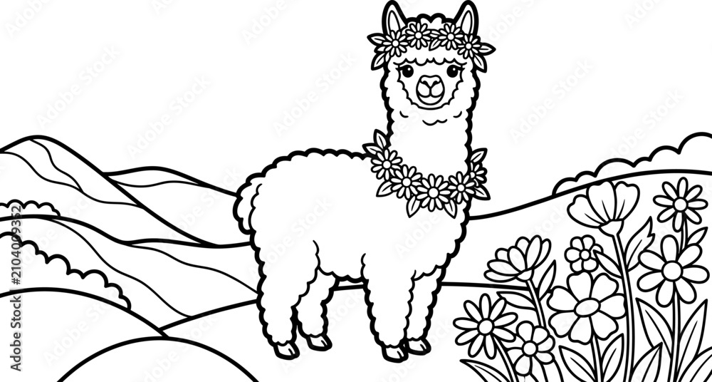 Fototapeta premium Cute cartoon llama wearing flower crown and necklace standing in floral field with rolling hills background happy alpaca illustration line art.