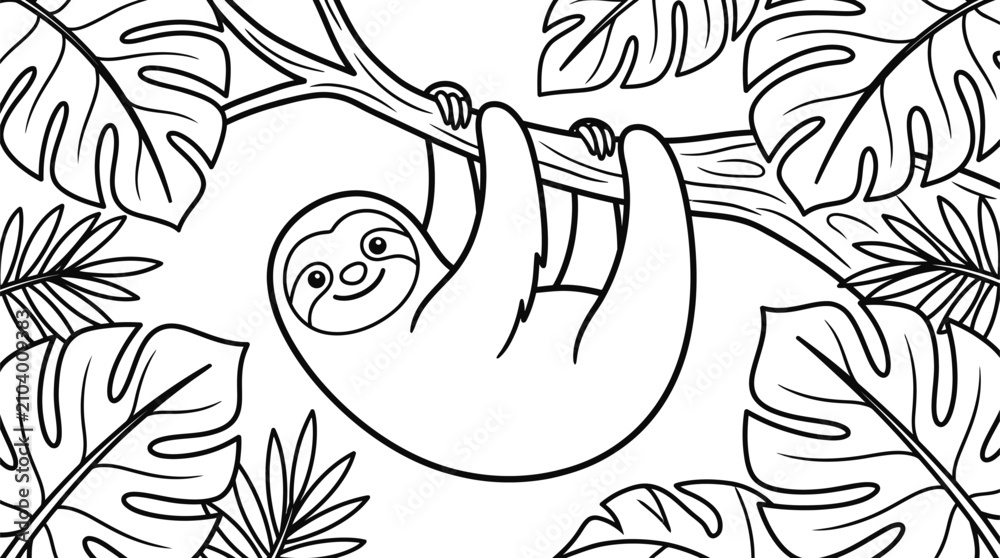 Obraz premium Funny cartoon sloth hanging on tree branch surrounded by tropical leaves illustration line art adorable slow animal character.