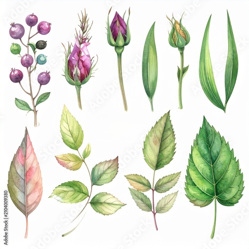 Colorful Botanical Leaves and Buds Illustration