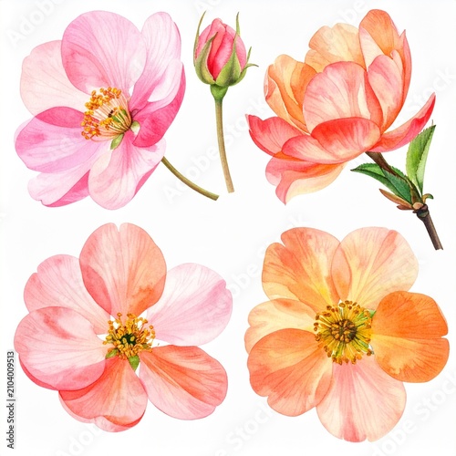 Vibrant Pink Peach and Orange Flowers Watercolor Collection