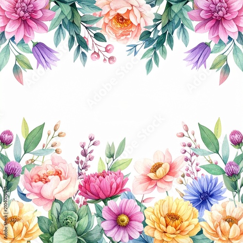 Vibrant Watercolor Floral Border Scene with Bright Blooms