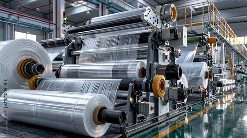 AI generator images of Large-scale industrial machinery used for the production and winding of plastic film (such as stretch film or wrapping film) within an automated factory production line, featuri