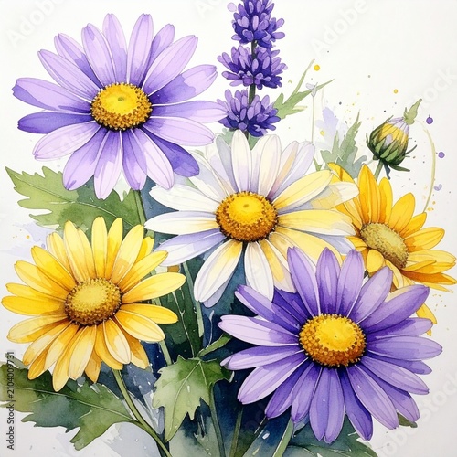 Vibrant Daisies and Lavender Bouquet in Bright Still Life